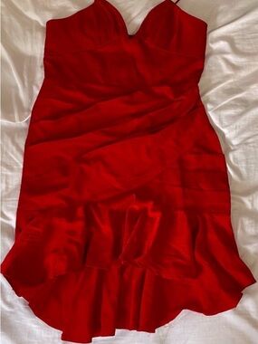 Lulu's Red Satin Spaghetti Strap Feminine Ruffle Dress